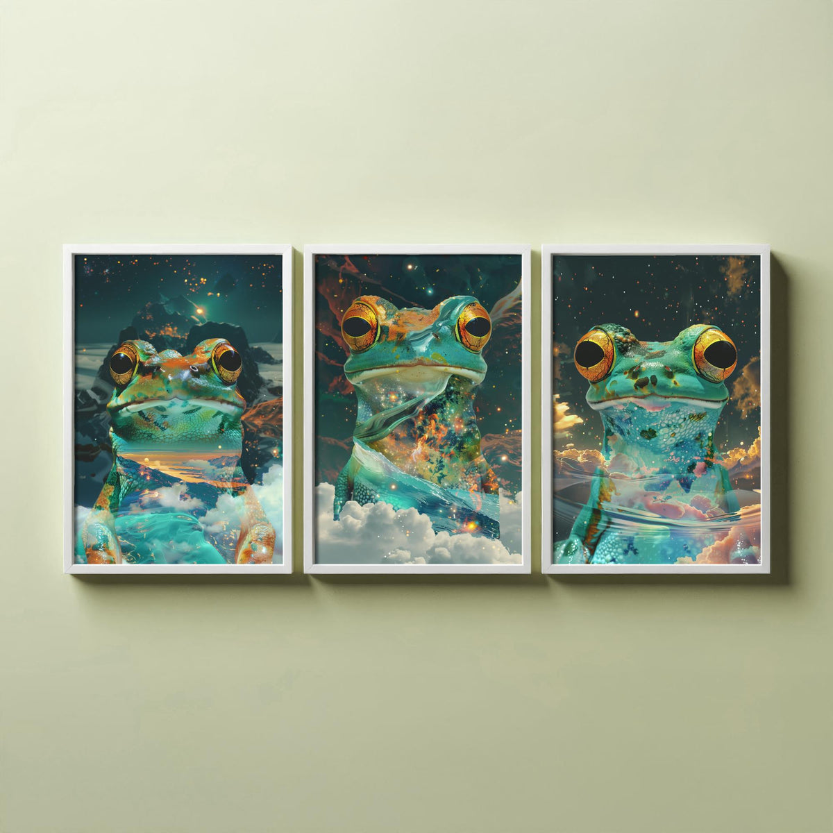 Frog Set of Three Art Prints - 3 Double Exposure Galaxy Posters - Surreal Cosmic Cloud Nature Wall Art Gift Painting Decor