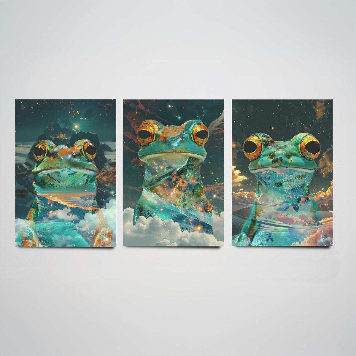Frog Set of Three Art Prints - 3 Double Exposure Galaxy Posters - Surreal Cosmic Cloud Nature Wall Art Gift Painting Decor