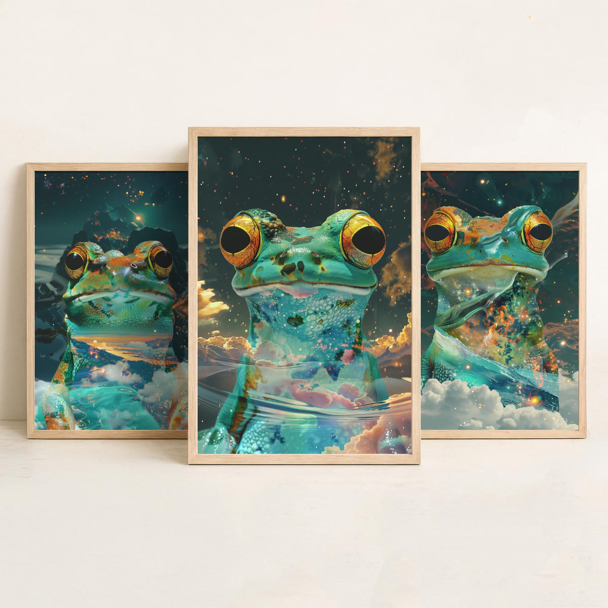 Frog Set of Three Art Prints - 3 Double Exposure Galaxy Posters - Surreal Cosmic Cloud Nature Wall Art Gift Painting Decor
