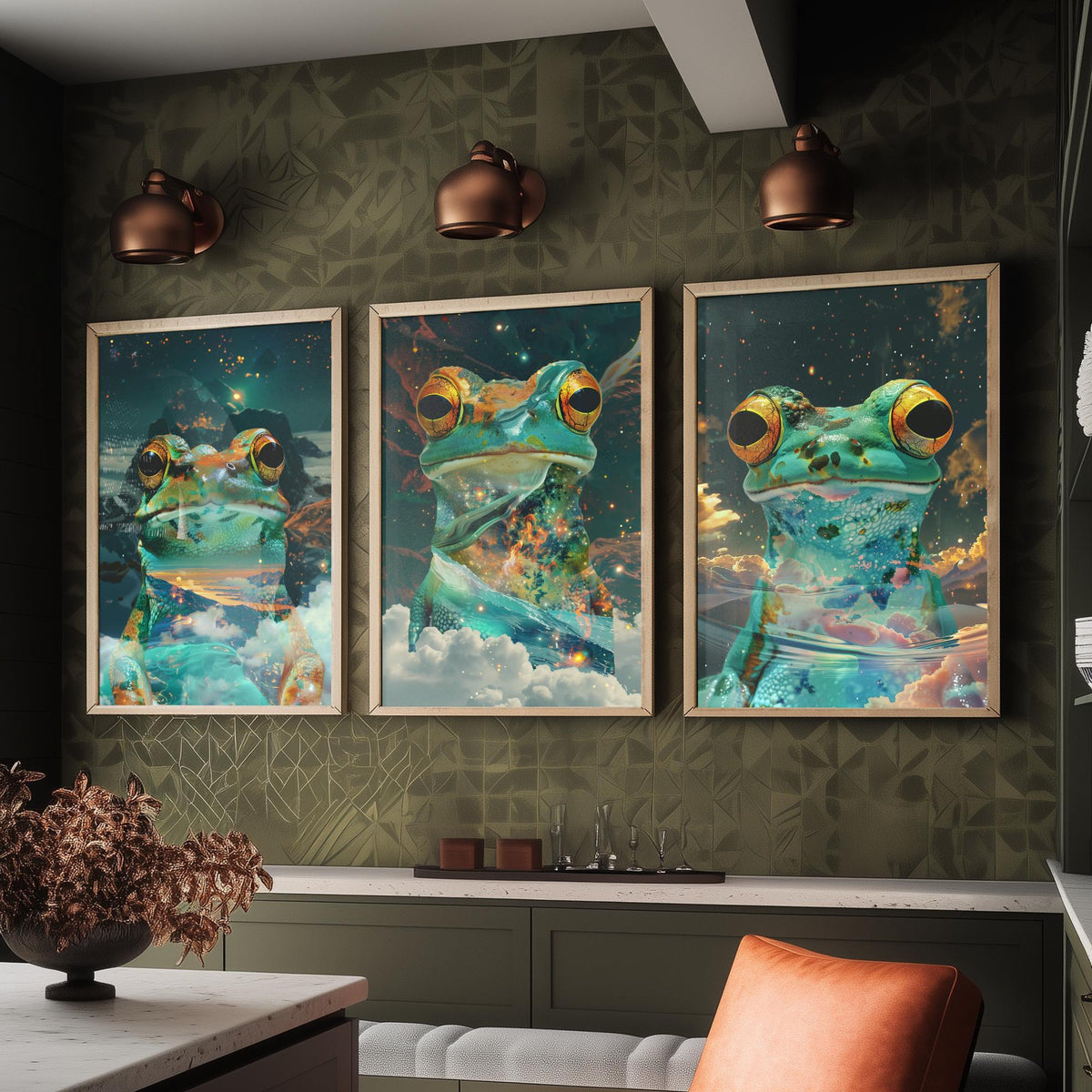 Frog Set of Three Art Prints - 3 Double Exposure Galaxy Posters - Surreal Cosmic Cloud Nature Wall Art Gift Painting Decor