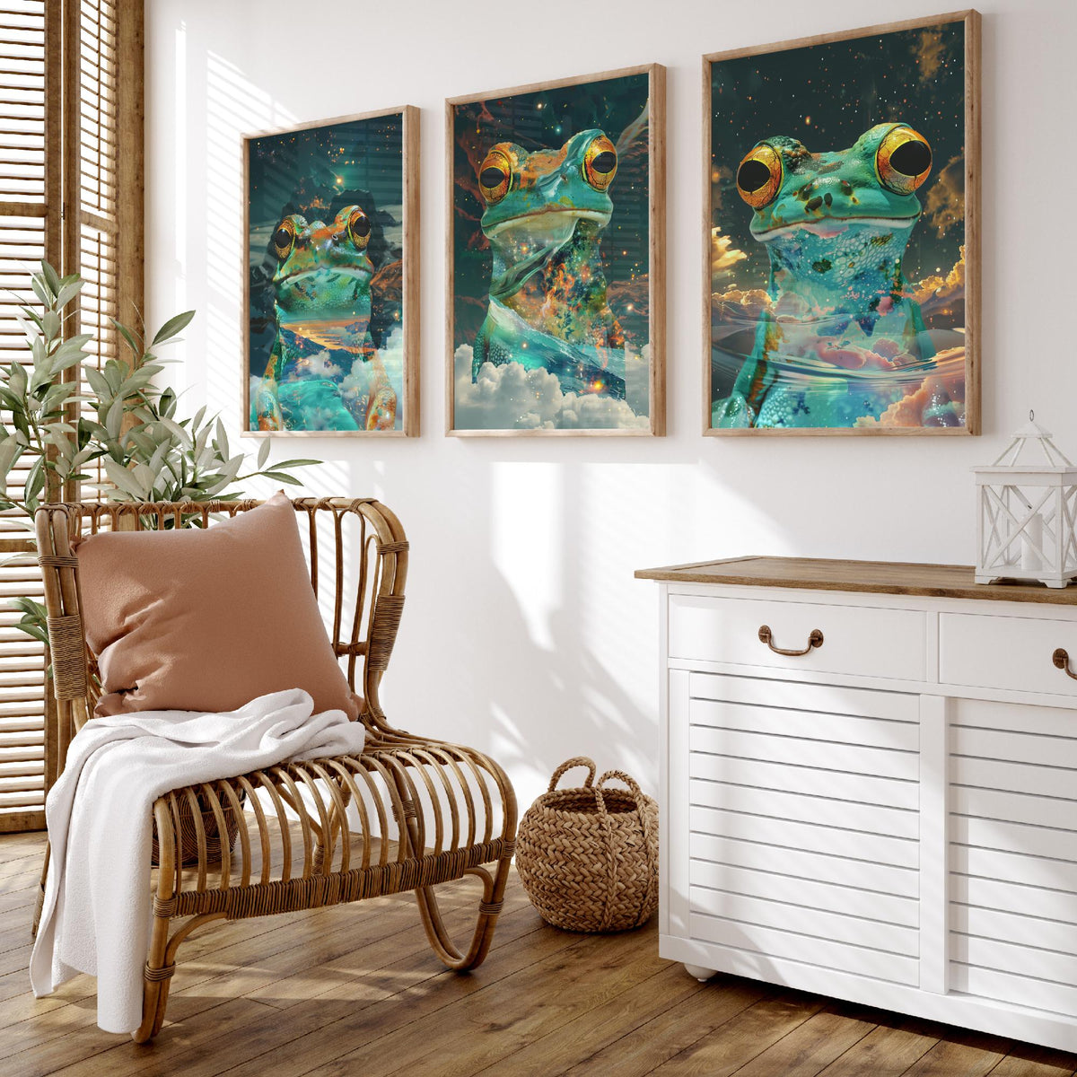 Frog Set of Three Art Prints - 3 Double Exposure Galaxy Posters - Surreal Cosmic Cloud Nature Wall Art Gift Painting Decor
