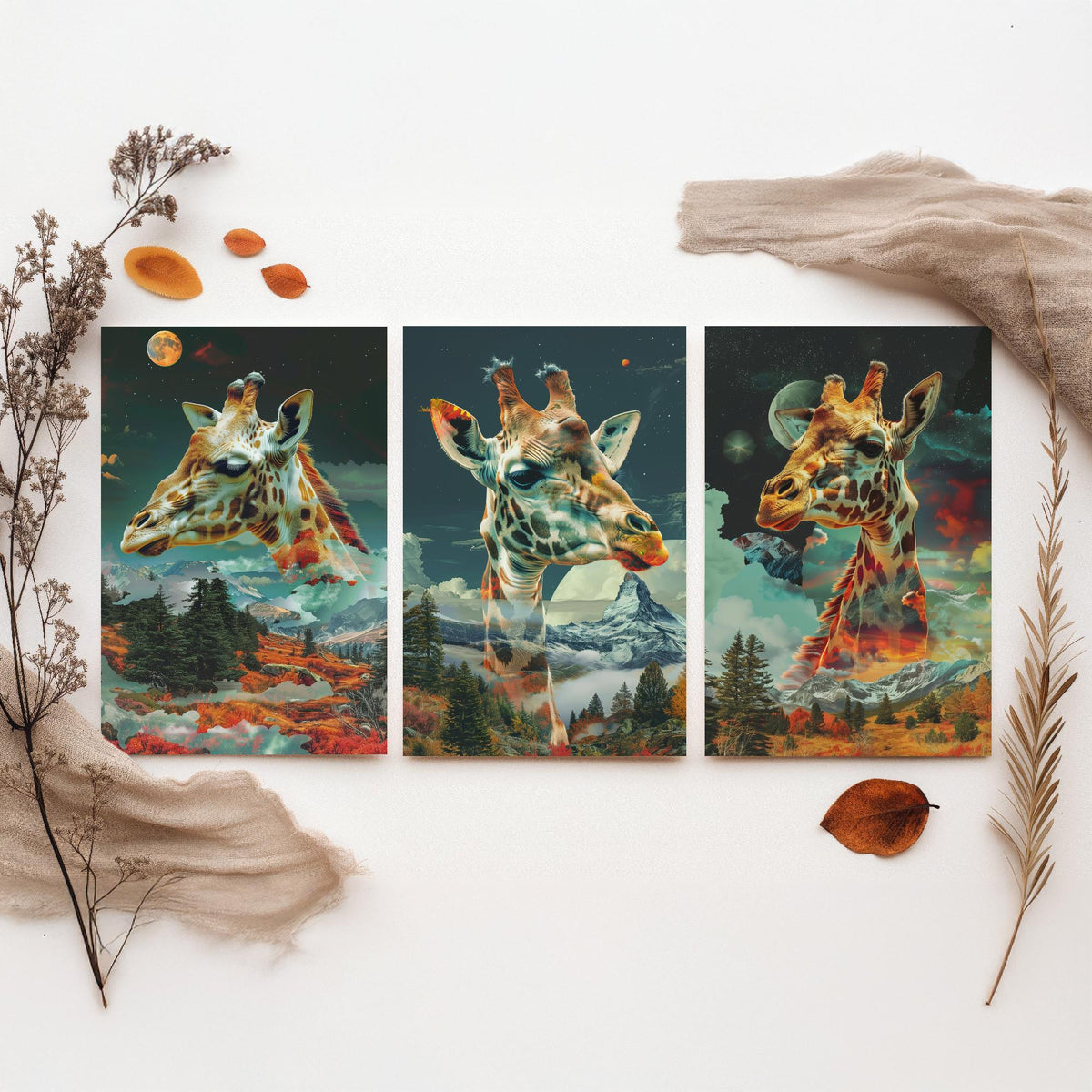 Giraffe Set of Three Art Prints - 3 Double Exposure Safari Posters - Surreal Mountain Sky Nature Wall Art Gift Painting