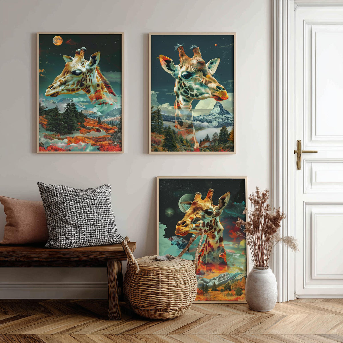 Giraffe Set of Three Art Prints - 3 Double Exposure Safari Posters - Surreal Mountain Sky Nature Wall Art Gift Painting