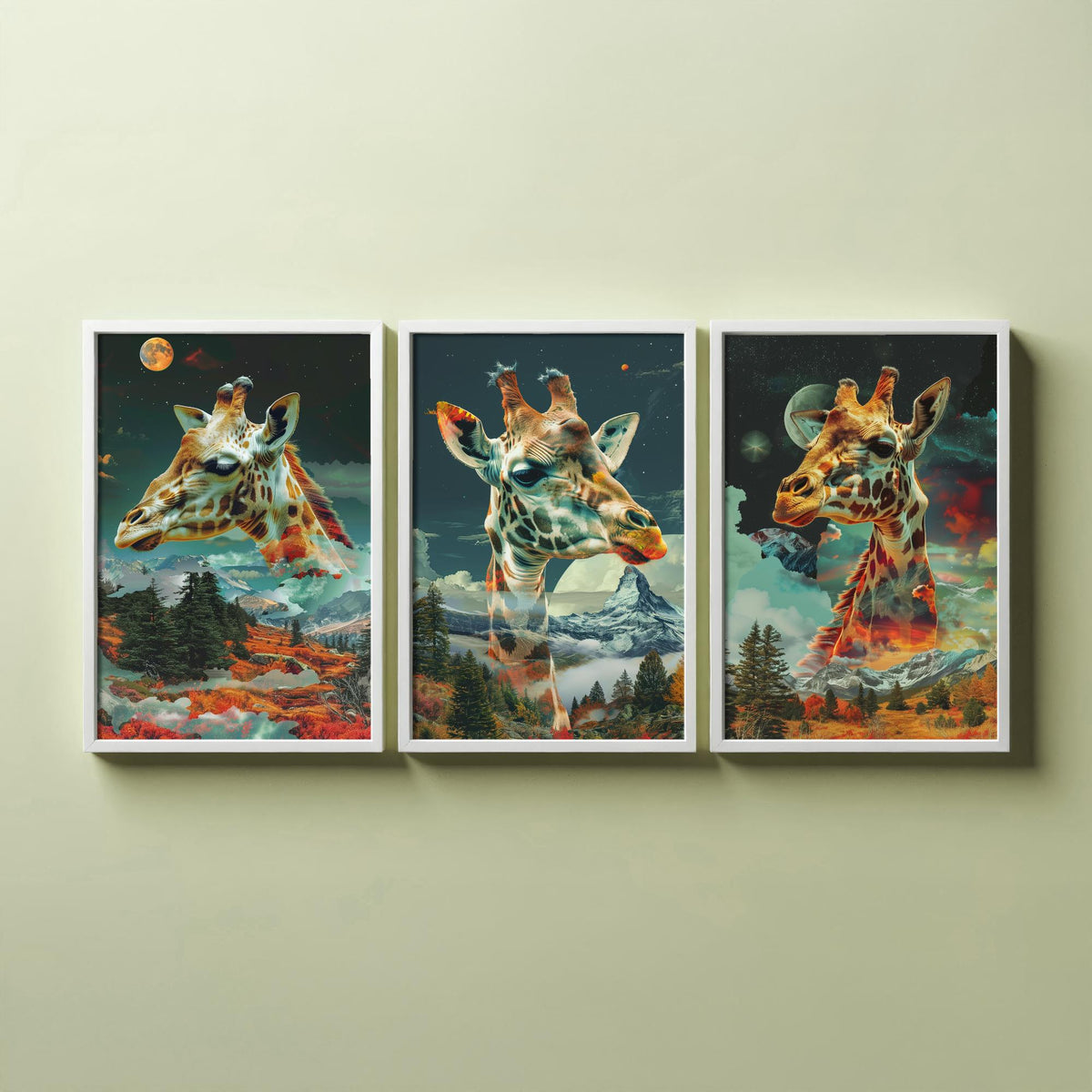 Giraffe Set of Three Art Prints - 3 Double Exposure Safari Posters - Surreal Mountain Sky Nature Wall Art Gift Painting