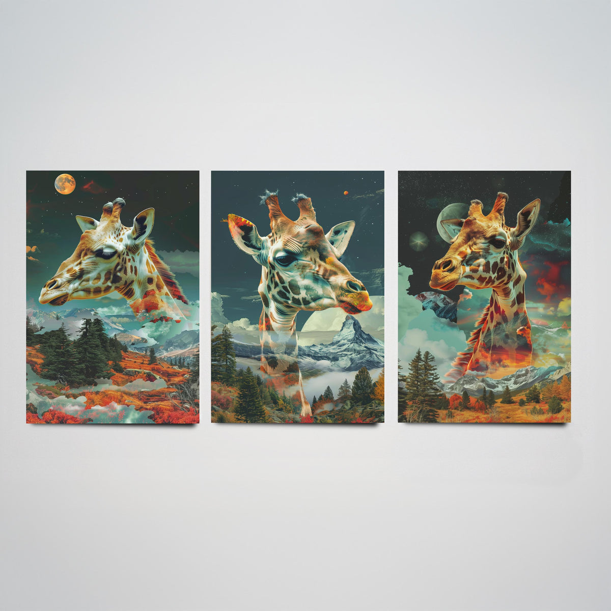 Giraffe Set of Three Art Prints - 3 Double Exposure Safari Posters - Surreal Mountain Sky Nature Wall Art Gift Painting