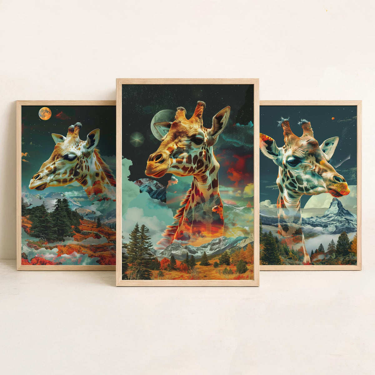 Giraffe Set of Three Art Prints - 3 Double Exposure Safari Posters - Surreal Mountain Sky Nature Wall Art Gift Painting