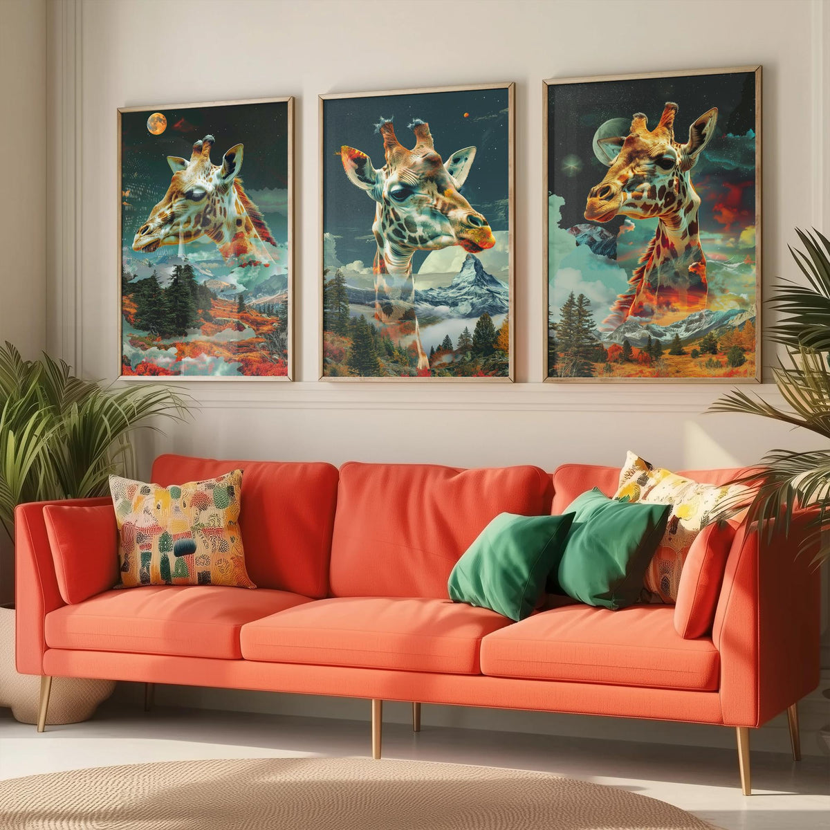 Giraffe Set of Three Art Prints - 3 Double Exposure Safari Posters - Surreal Mountain Sky Nature Wall Art Gift Painting