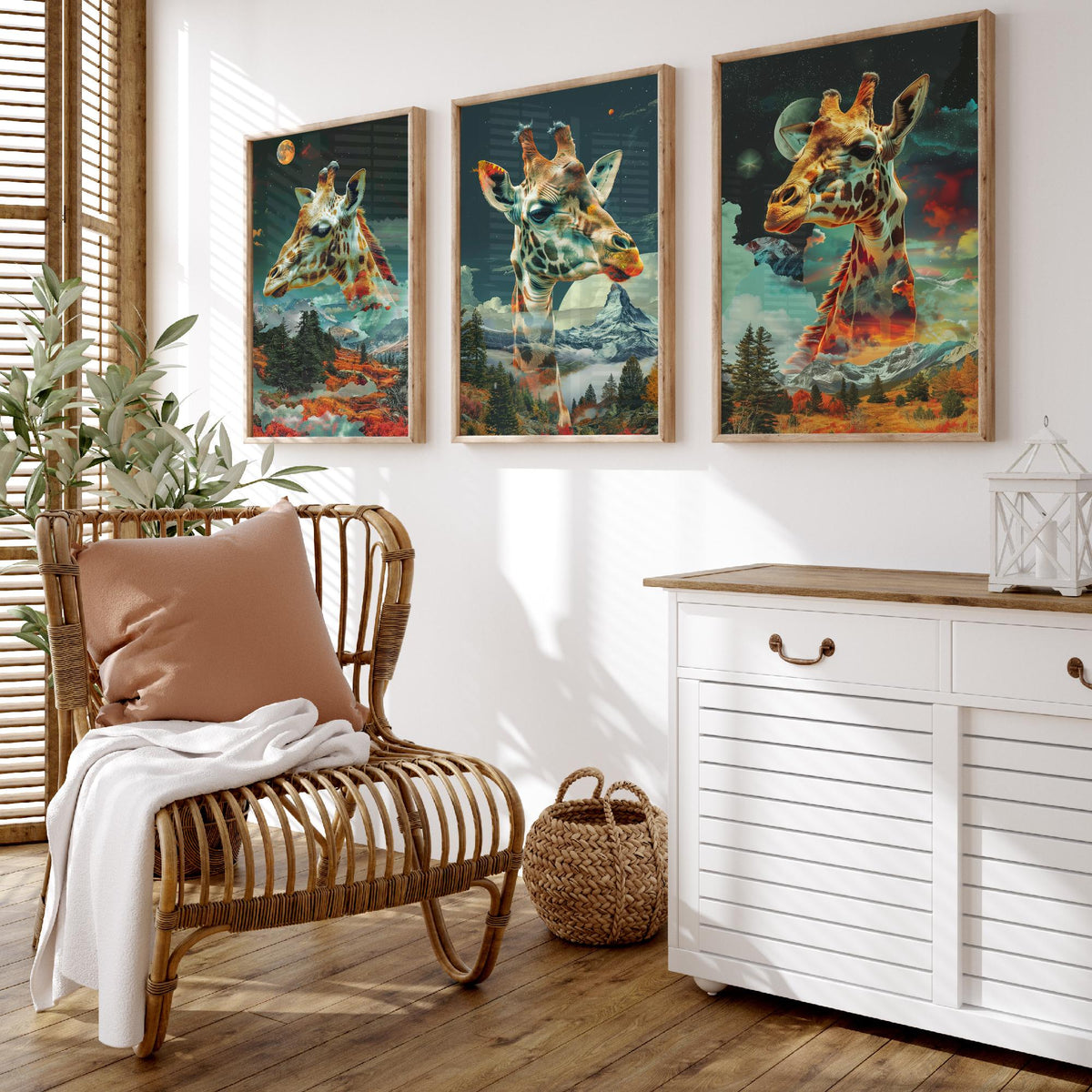 Giraffe Set of Three Art Prints - 3 Double Exposure Safari Posters - Surreal Mountain Sky Nature Wall Art Gift Painting