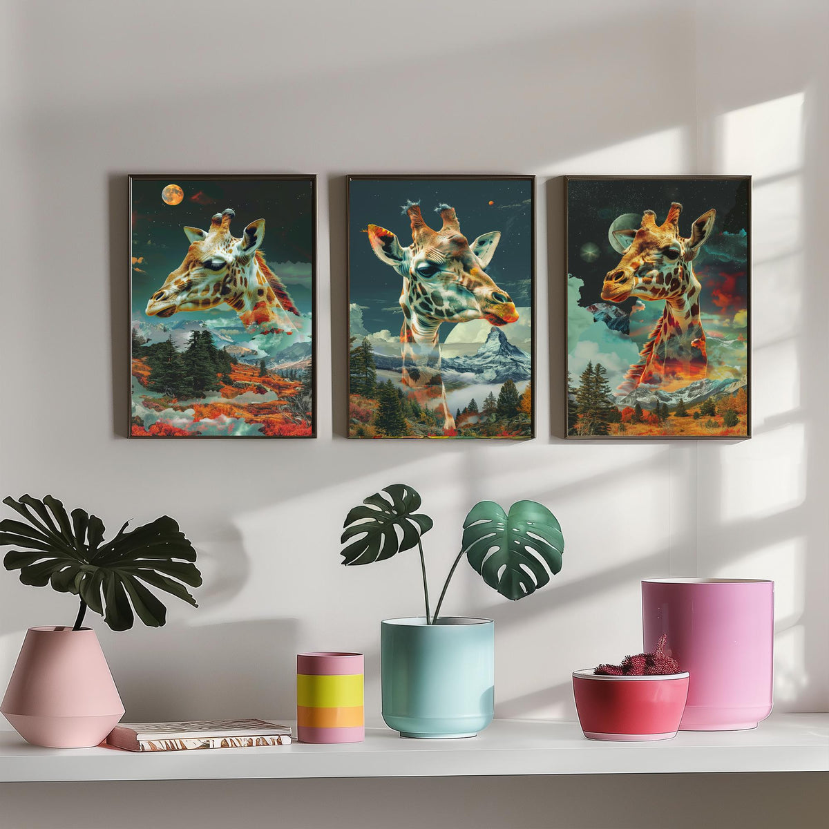 Giraffe Set of Three Art Prints - 3 Double Exposure Safari Posters - Surreal Mountain Sky Nature Wall Art Gift Painting