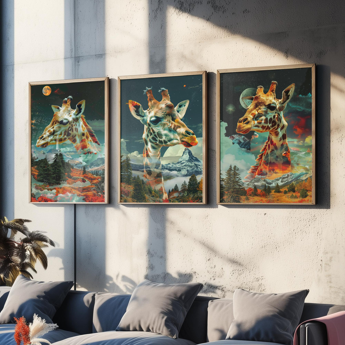 Giraffe Set of Three Art Prints - 3 Double Exposure Safari Posters - Surreal Mountain Sky Nature Wall Art Gift Painting