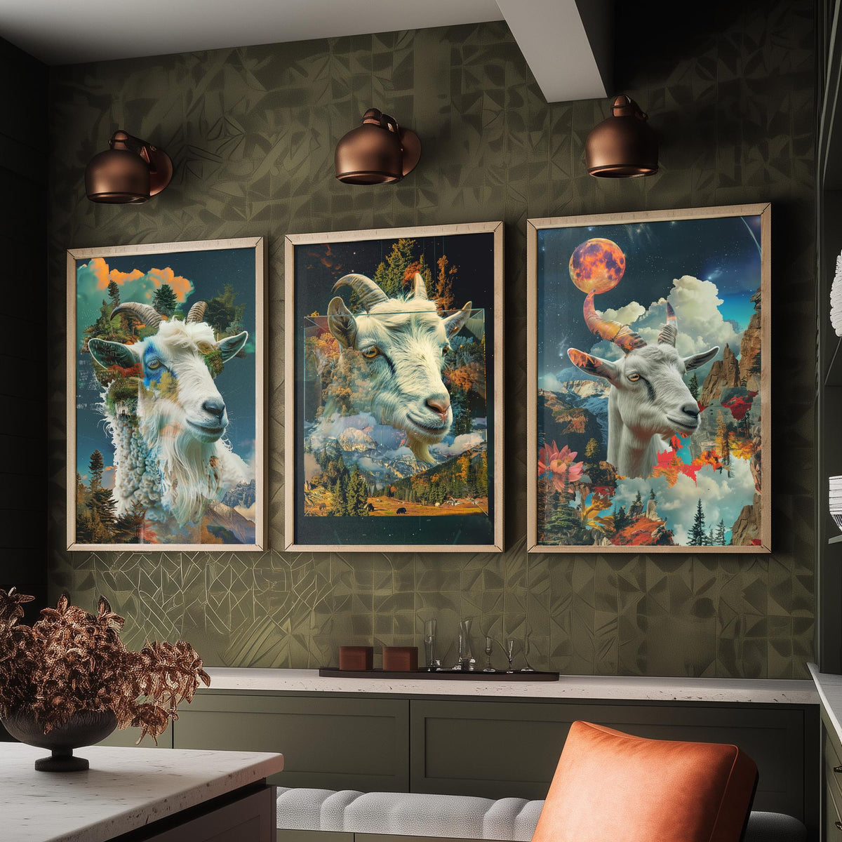 Goat Set of Three Art Prints - 3 Double Exposure Mountain Posters - Surreal Forest Cloud Nature Wall Art Gift Painting