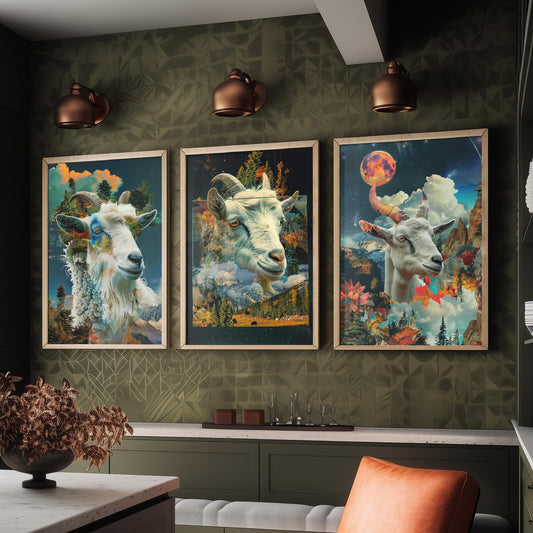 Goat Set of Three Art Prints - 3 Double Exposure Mountain Posters - Surreal Forest Cloud Nature Wall Art Gift Painting