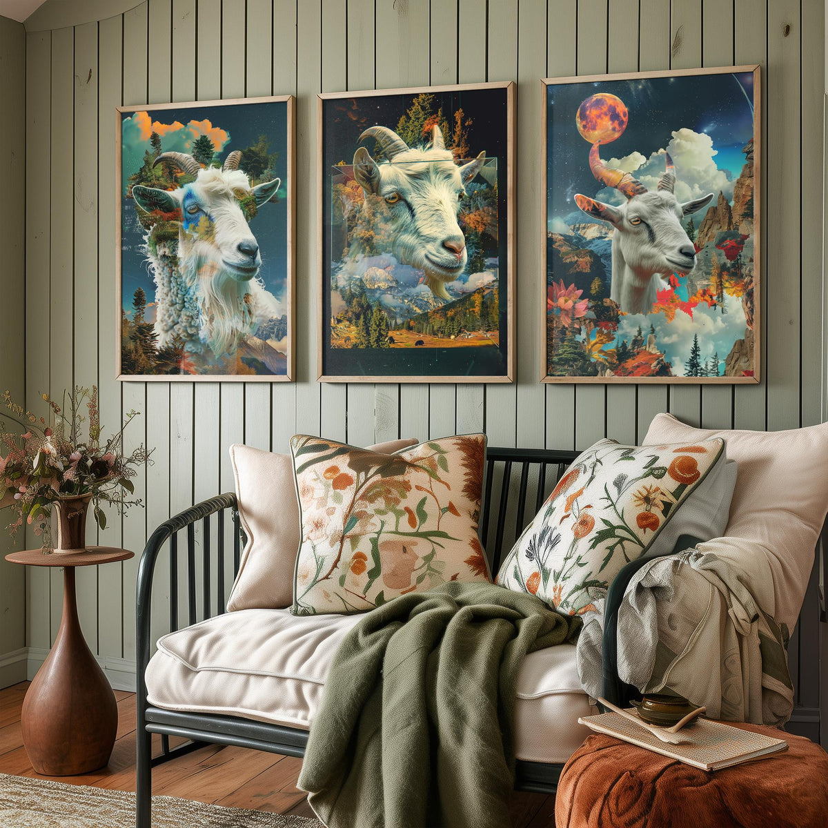 Goat Set of Three Art Prints - 3 Double Exposure Mountain Posters - Surreal Forest Cloud Nature Wall Art Gift Painting