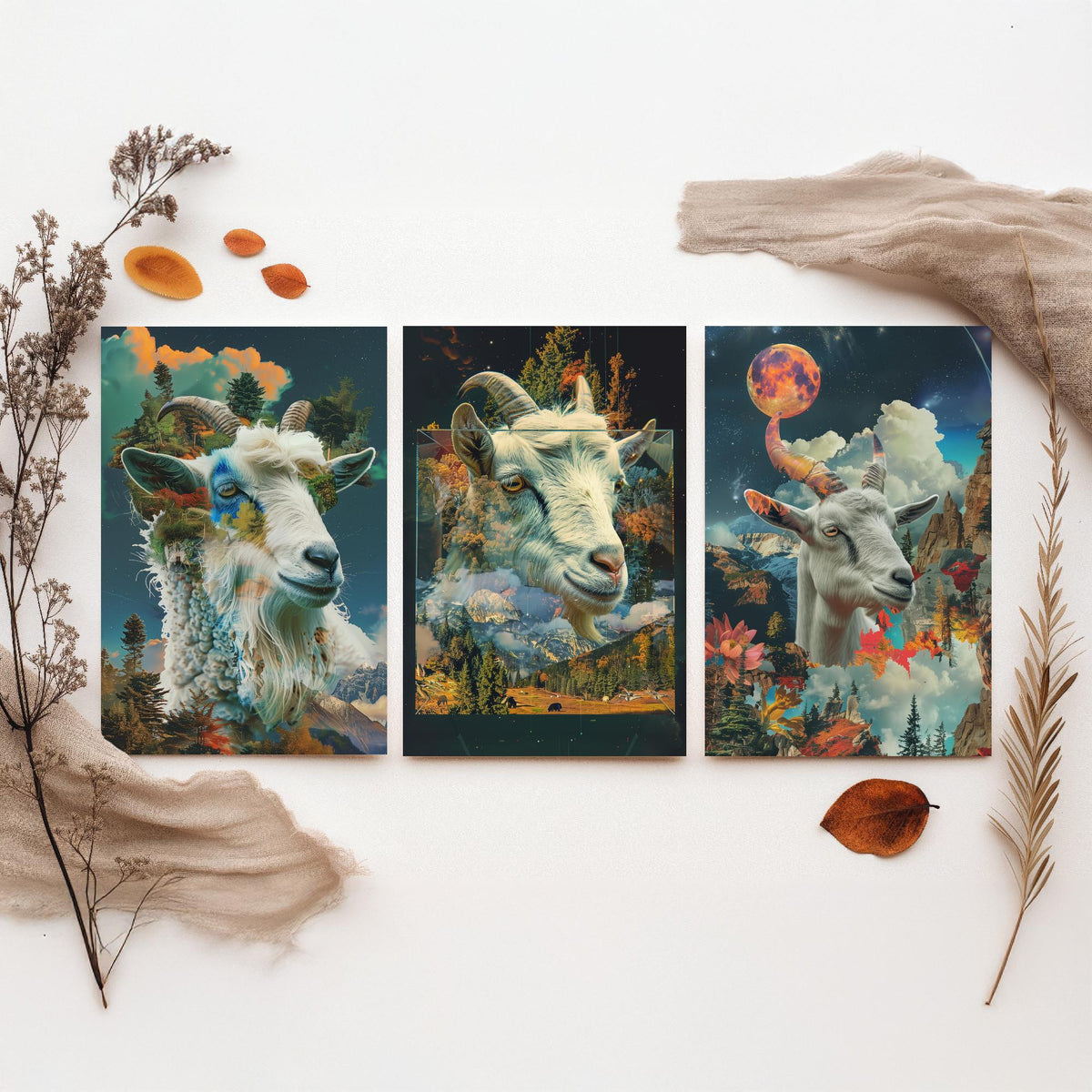 Goat Set of Three Art Prints - 3 Double Exposure Mountain Posters - Surreal Forest Cloud Nature Wall Art Gift Painting