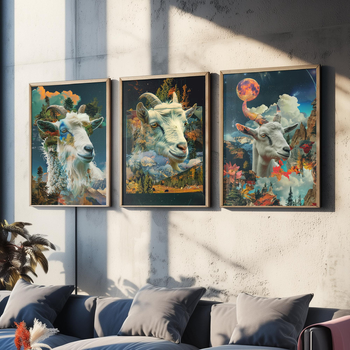 Goat Set of Three Art Prints - 3 Double Exposure Mountain Posters - Surreal Forest Cloud Nature Wall Art Gift Painting