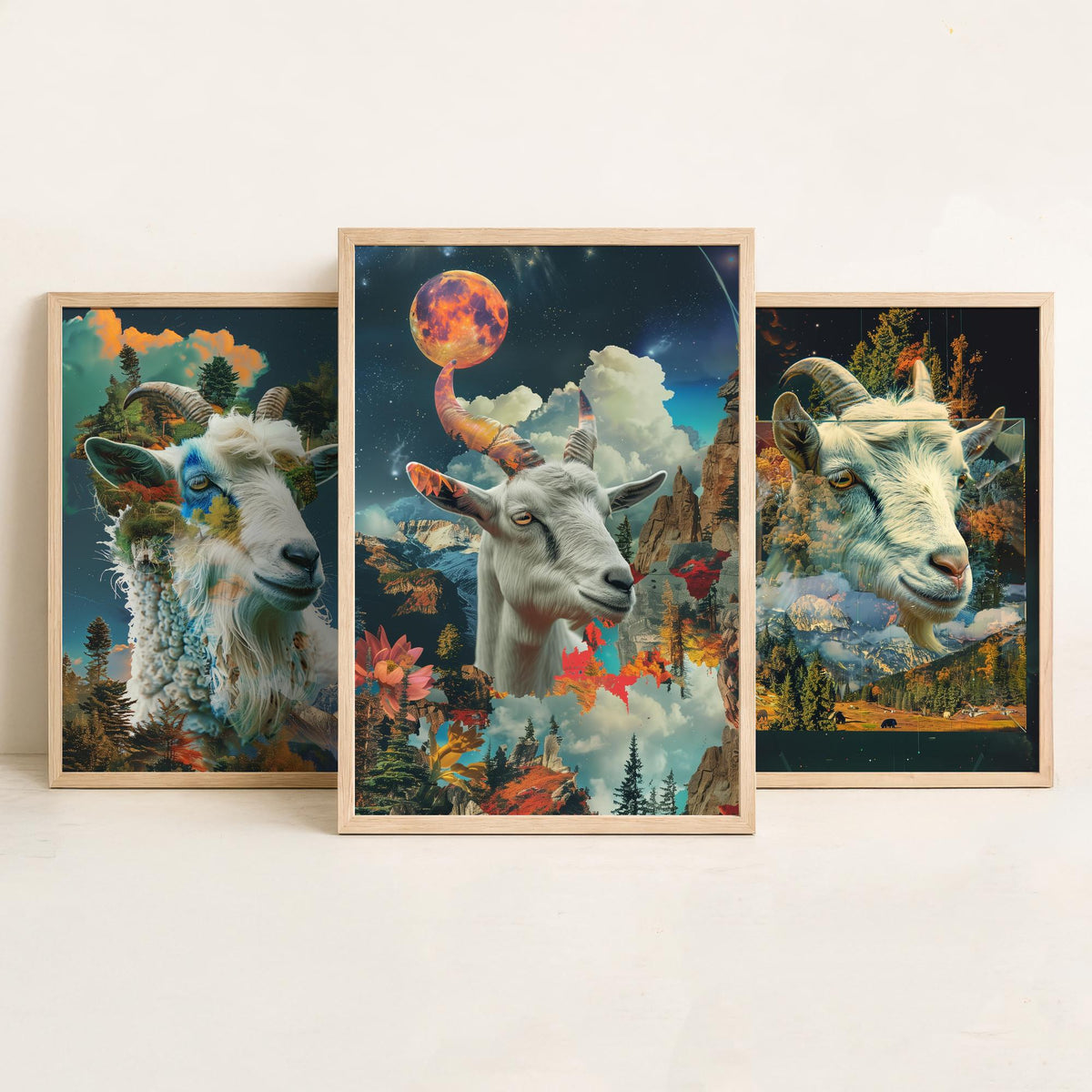 Goat Set of Three Art Prints - 3 Double Exposure Mountain Posters - Surreal Forest Cloud Nature Wall Art Gift Painting
