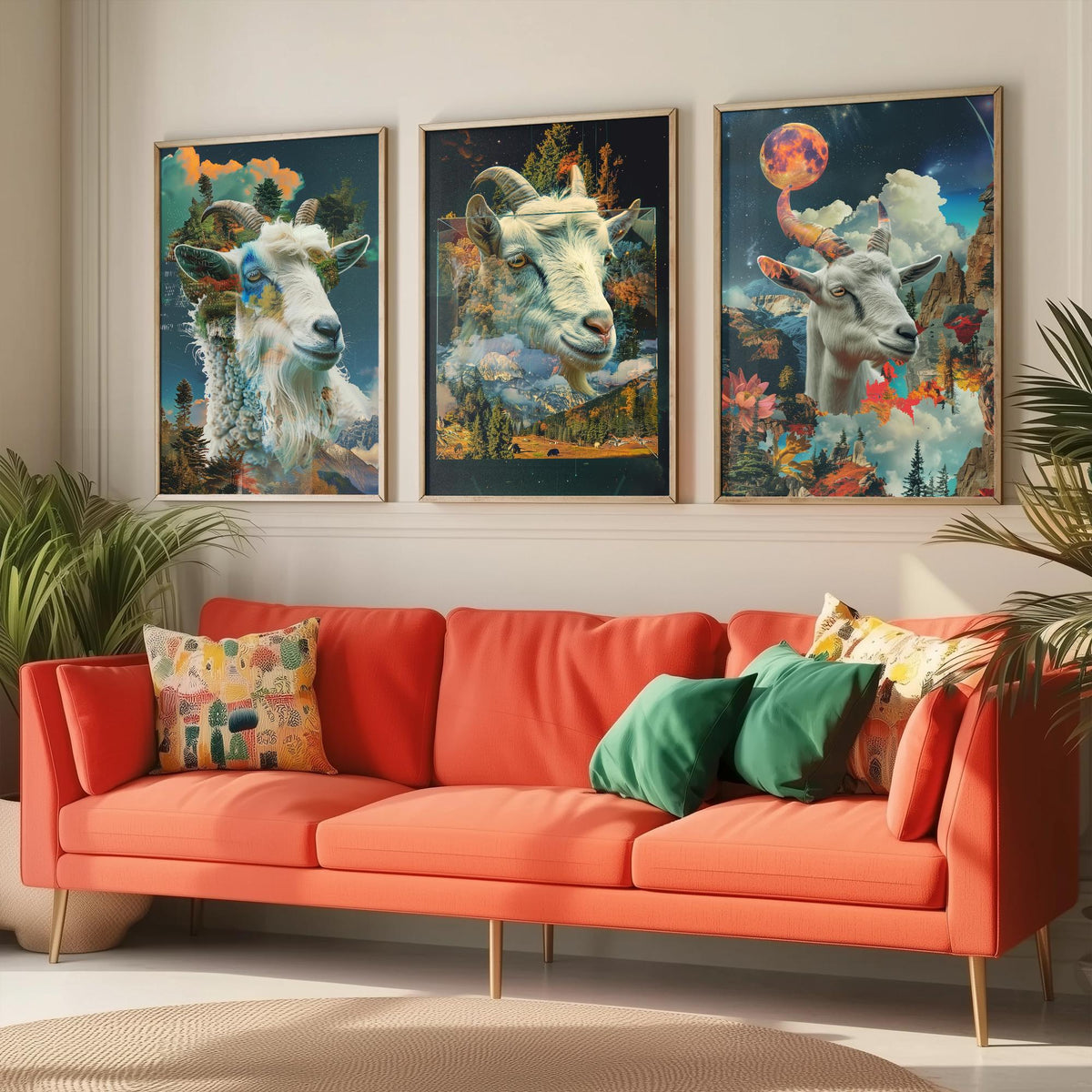 Goat Set of Three Art Prints - 3 Double Exposure Mountain Posters - Surreal Forest Cloud Nature Wall Art Gift Painting