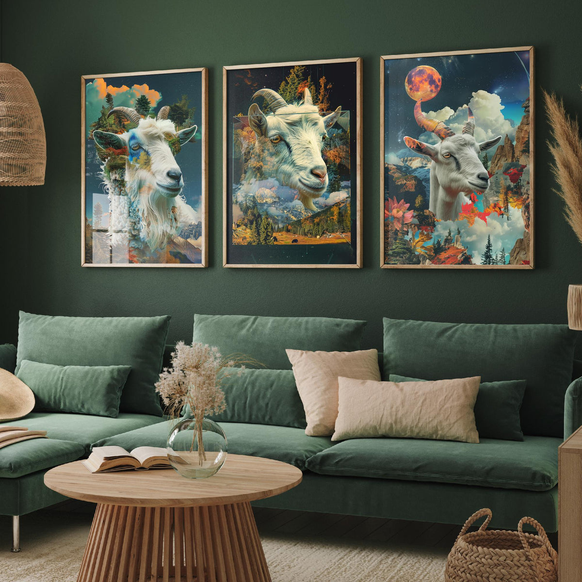 Goat Set of Three Art Prints - 3 Double Exposure Mountain Posters - Surreal Forest Cloud Nature Wall Art Gift Painting