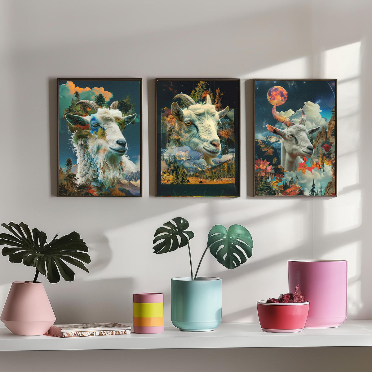 Goat Set of Three Art Prints - 3 Double Exposure Mountain Posters - Surreal Forest Cloud Nature Wall Art Gift Painting