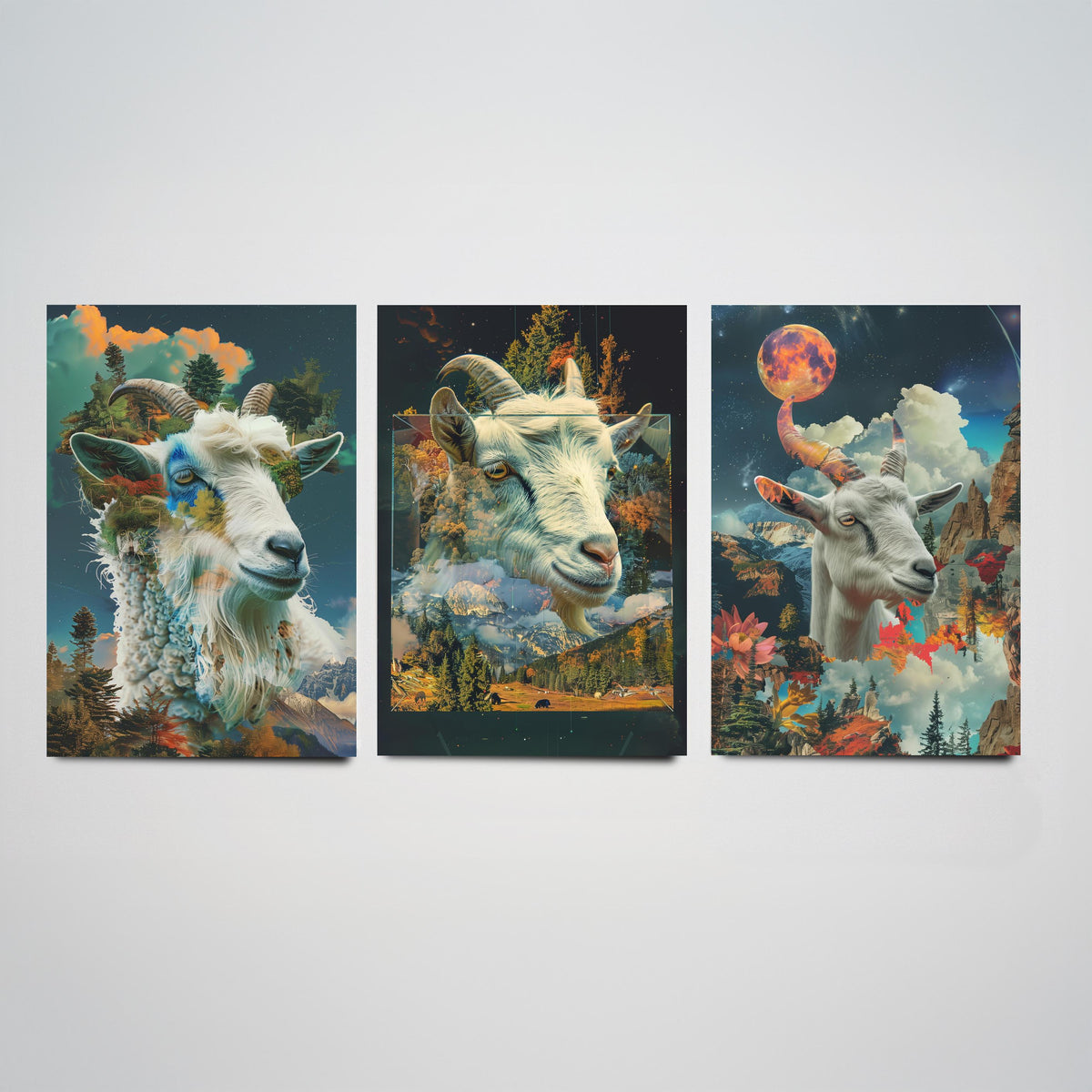 Goat Set of Three Art Prints - 3 Double Exposure Mountain Posters - Surreal Forest Cloud Nature Wall Art Gift Painting