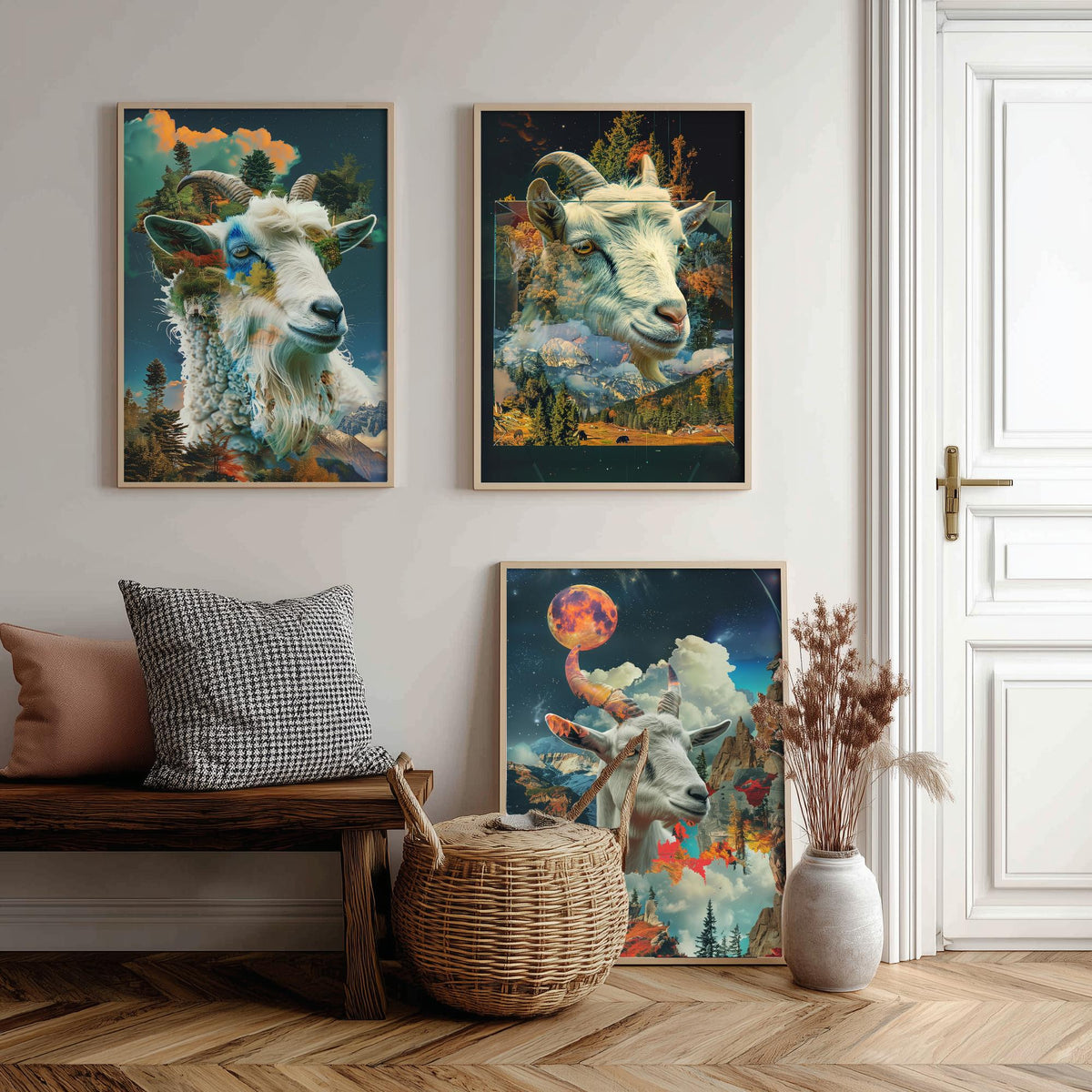 Goat Set of Three Art Prints - 3 Double Exposure Mountain Posters - Surreal Forest Cloud Nature Wall Art Gift Painting
