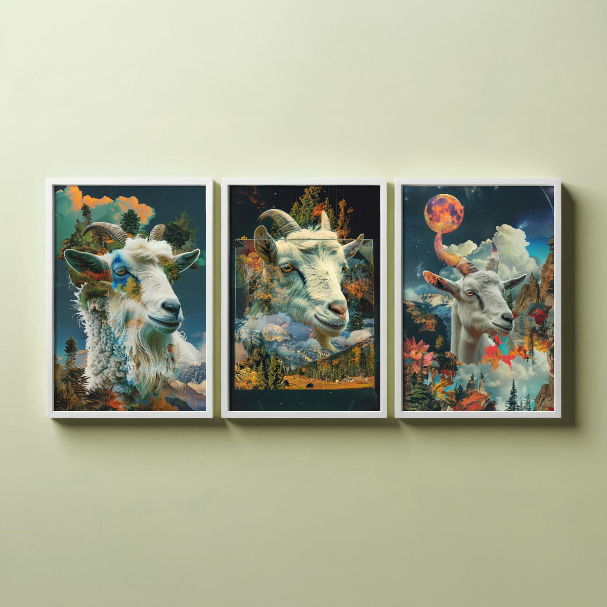 Goat Set of Three Art Prints - 3 Double Exposure Mountain Posters - Surreal Forest Cloud Nature Wall Art Gift Painting