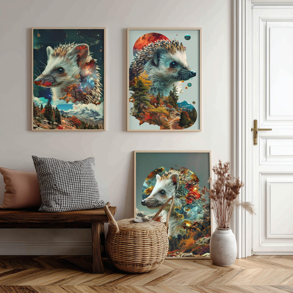 Hedgehog Set of Three Art Prints - 3 Double Exposure Woodland Posters - Autumn Galaxy Surreal Nature Wall Art Gift Painting
