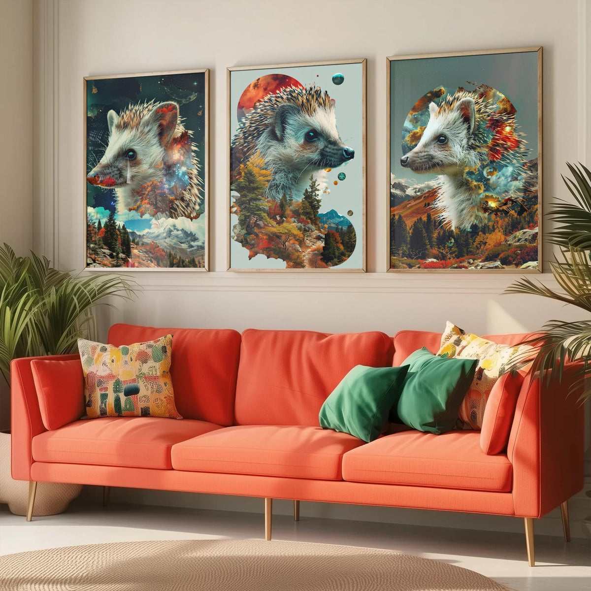 Hedgehog Set of Three Art Prints - 3 Double Exposure Woodland Posters - Autumn Galaxy Surreal Nature Wall Art Gift Painting