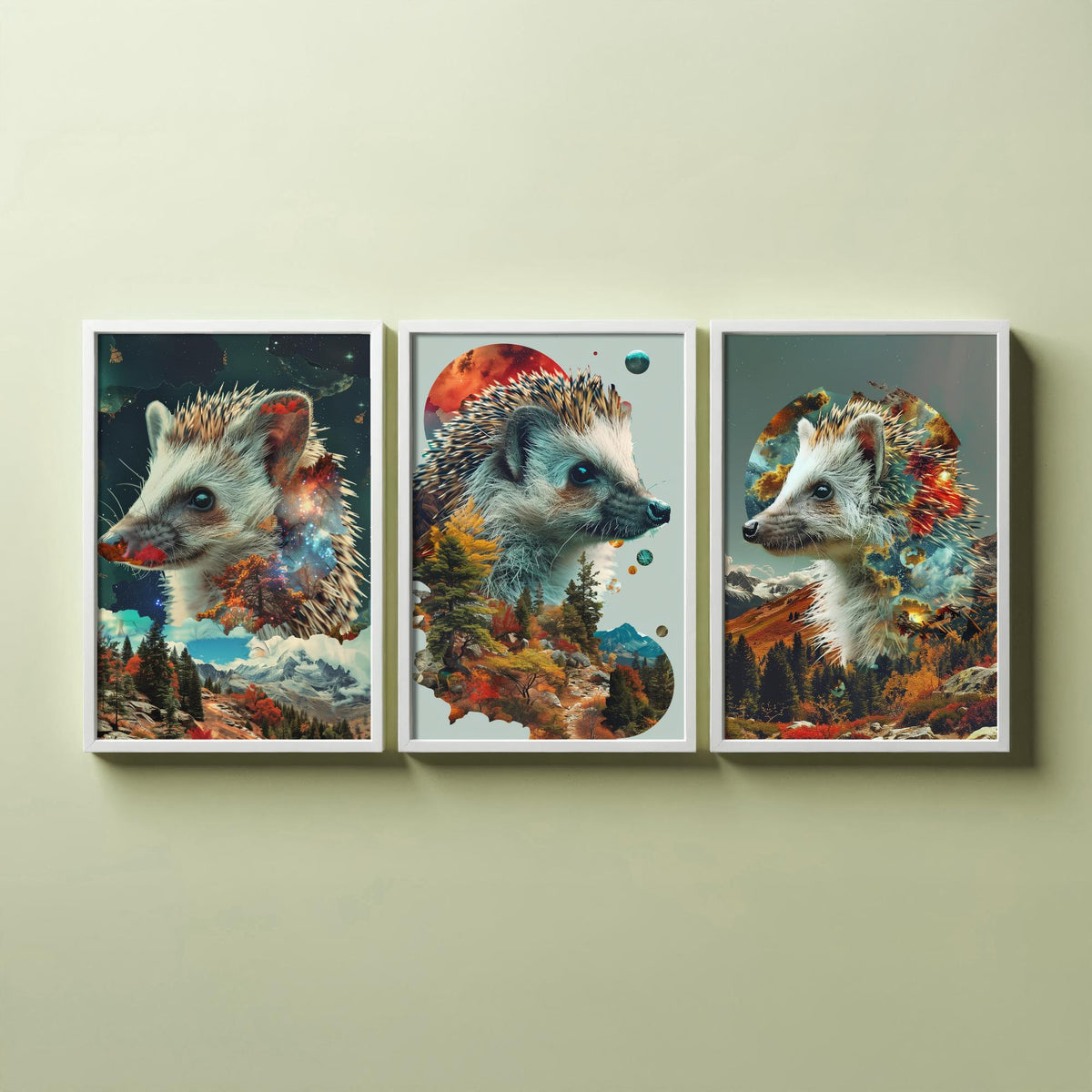 Hedgehog Set of Three Art Prints - 3 Double Exposure Woodland Posters - Autumn Galaxy Surreal Nature Wall Art Gift Painting