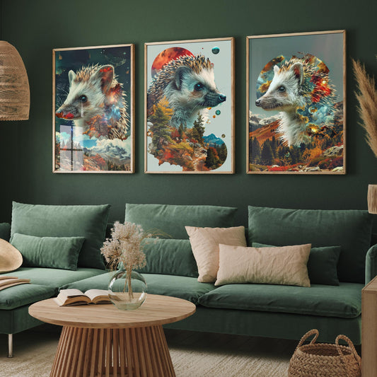 Hedgehog Set of Three Art Prints - 3 Double Exposure Woodland Posters - Autumn Galaxy Surreal Nature Wall Art Gift Painting