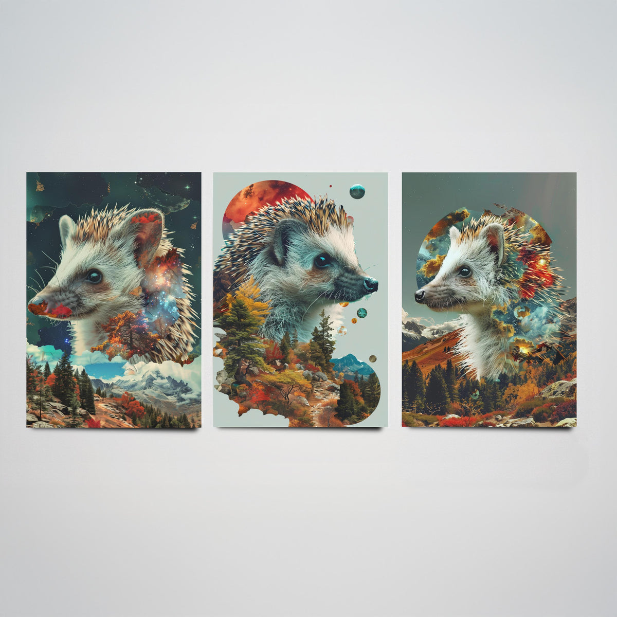 Hedgehog Set of Three Art Prints - 3 Double Exposure Woodland Posters - Autumn Galaxy Surreal Nature Wall Art Gift Painting