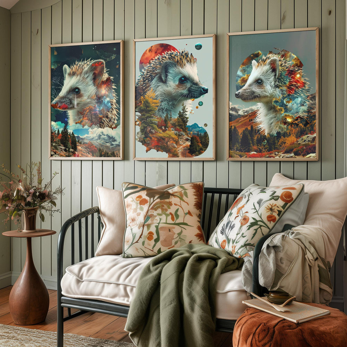 Hedgehog Set of Three Art Prints - 3 Double Exposure Woodland Posters - Autumn Galaxy Surreal Nature Wall Art Gift Painting