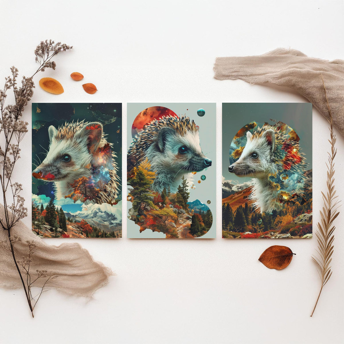 Hedgehog Set of Three Art Prints - 3 Double Exposure Woodland Posters - Autumn Galaxy Surreal Nature Wall Art Gift Painting
