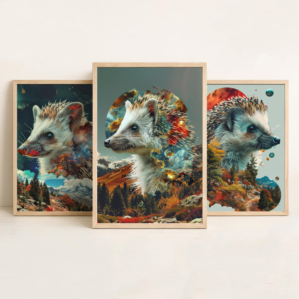 Hedgehog Set of Three Art Prints - 3 Double Exposure Woodland Posters - Autumn Galaxy Surreal Nature Wall Art Gift Painting