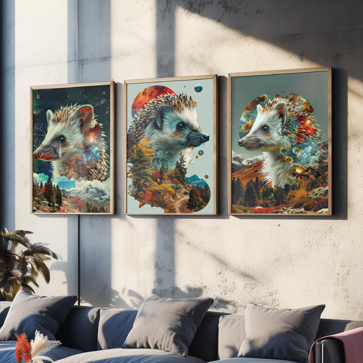 Hedgehog Set of Three Art Prints - 3 Double Exposure Woodland Posters - Autumn Galaxy Surreal Nature Wall Art Gift Painting