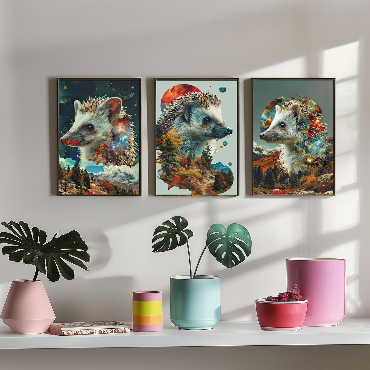 Hedgehog Set of Three Art Prints - 3 Double Exposure Woodland Posters - Autumn Galaxy Surreal Nature Wall Art Gift Painting