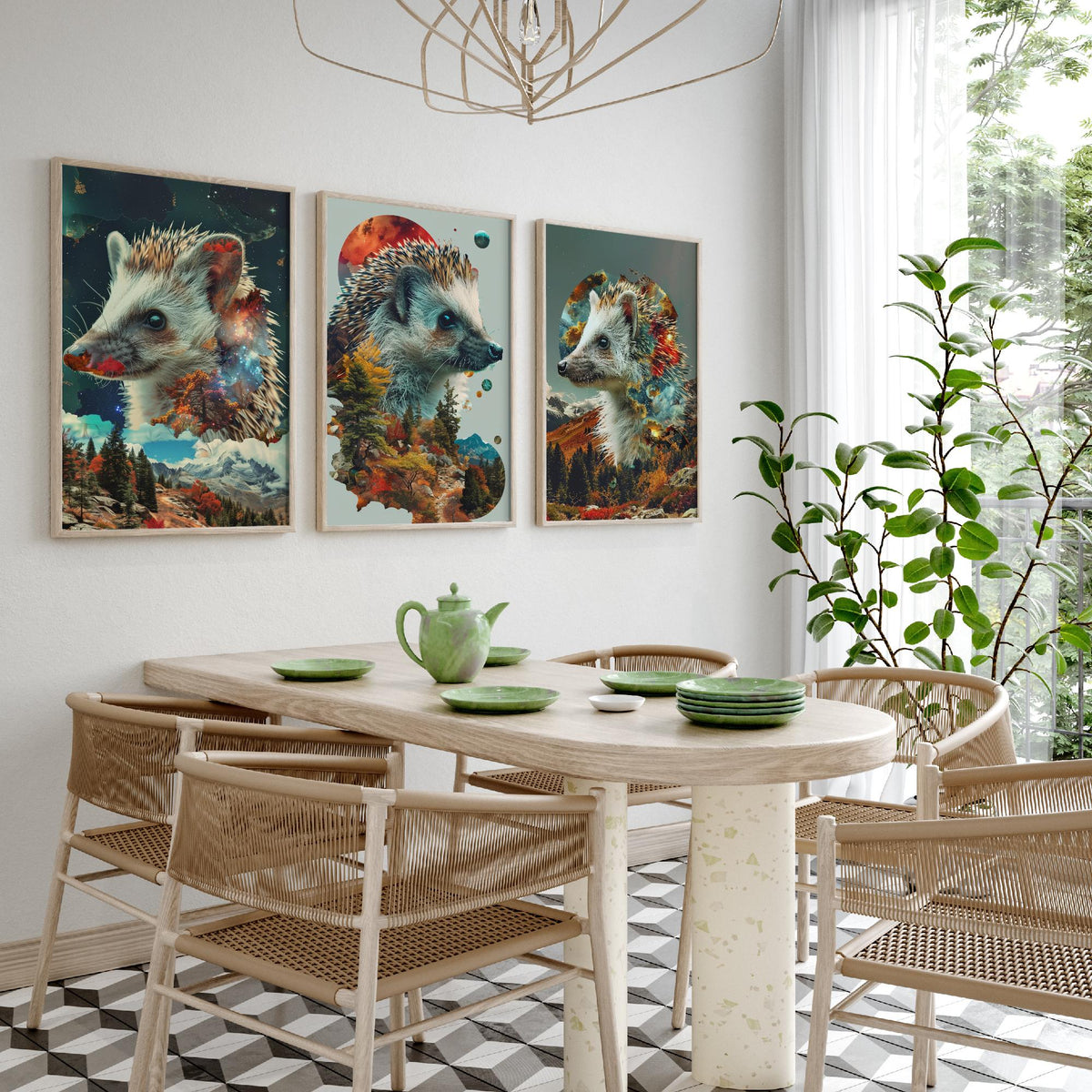 Hedgehog Set of Three Art Prints - 3 Double Exposure Woodland Posters - Autumn Galaxy Surreal Nature Wall Art Gift Painting