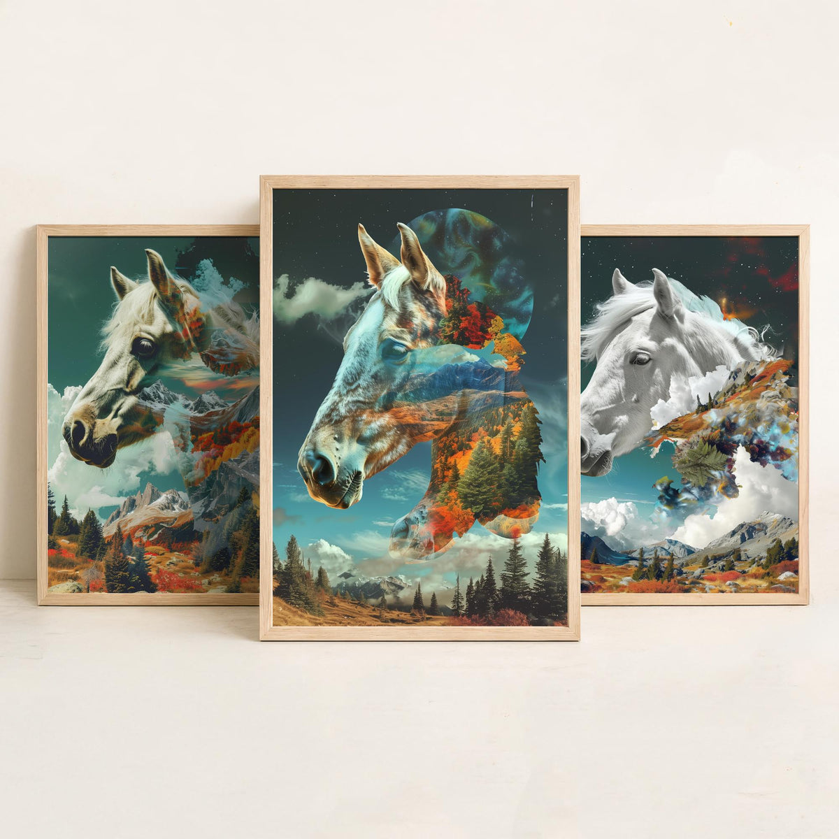 Horse Set of Three Art Prints - 3 Double Exposure Equine Posters - Surreal Mountain Cloud Nature Wall Art Gift Painting