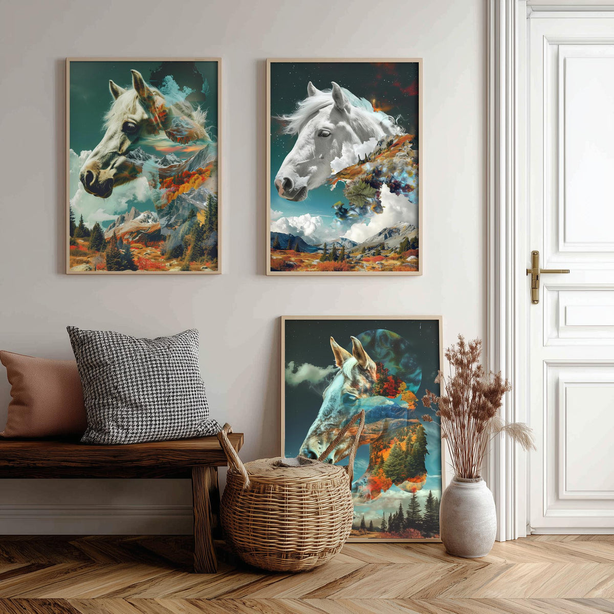 Horse Set of Three Art Prints - 3 Double Exposure Equine Posters - Surreal Mountain Cloud Nature Wall Art Gift Painting