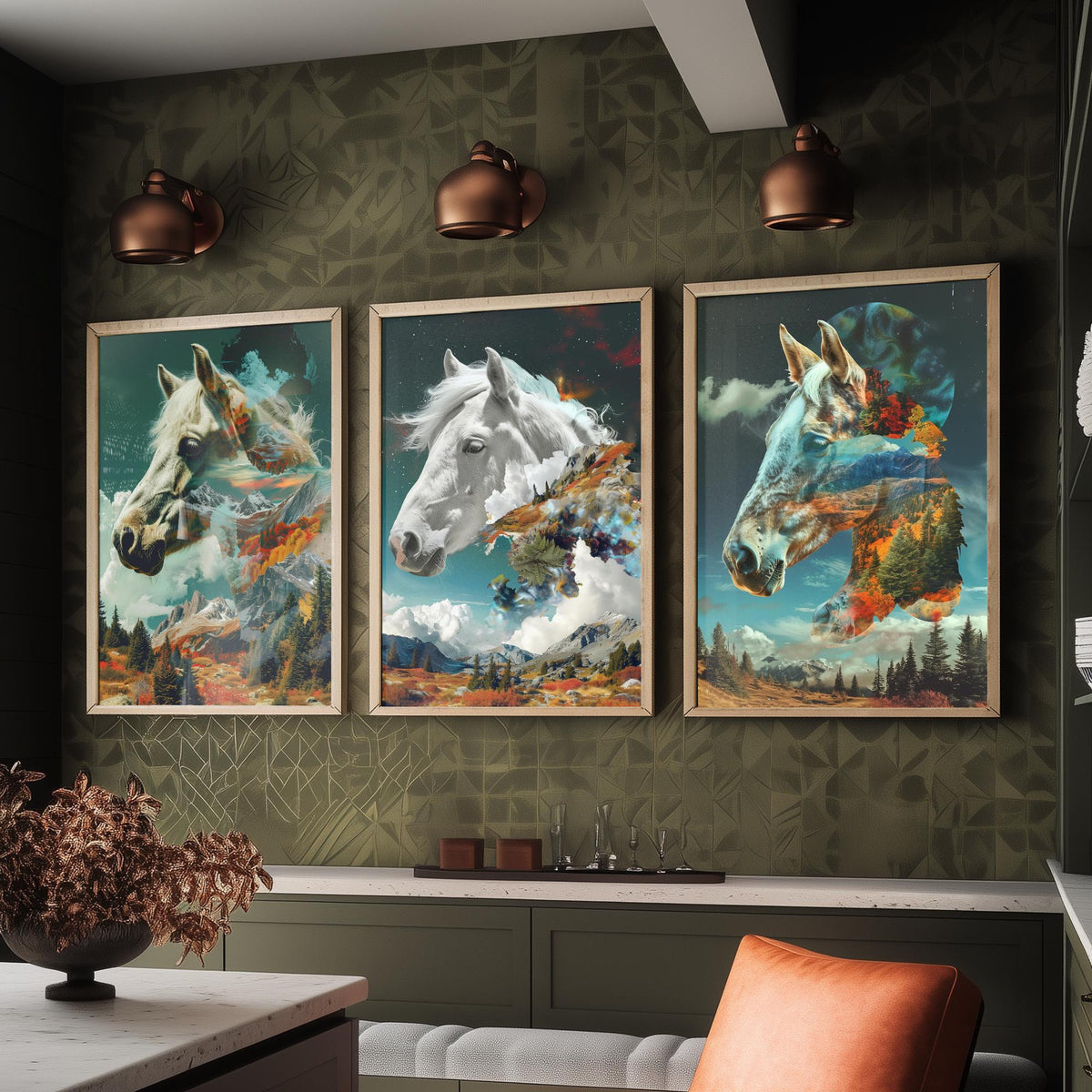 Horse Set of Three Art Prints - 3 Double Exposure Equine Posters - Surreal Mountain Cloud Nature Wall Art Gift Painting
