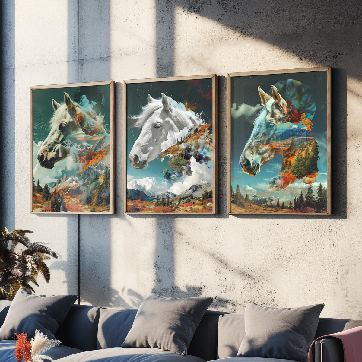 Horse Set of Three Art Prints - 3 Double Exposure Equine Posters - Surreal Mountain Cloud Nature Wall Art Gift Painting