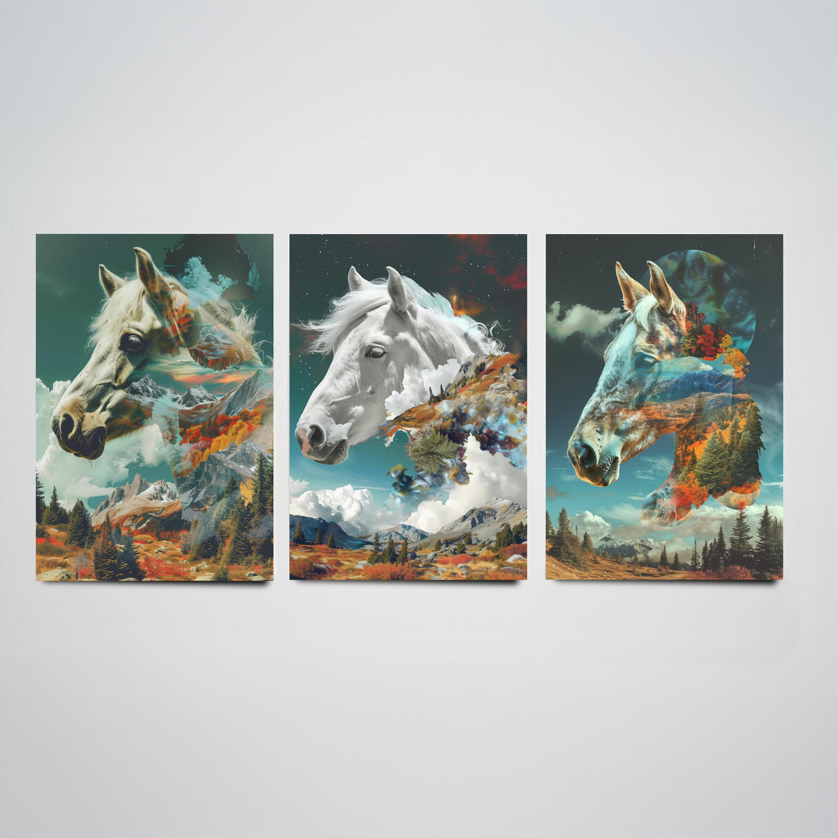 Horse Set of Three Art Prints - 3 Double Exposure Equine Posters - Surreal Mountain Cloud Nature Wall Art Gift Painting