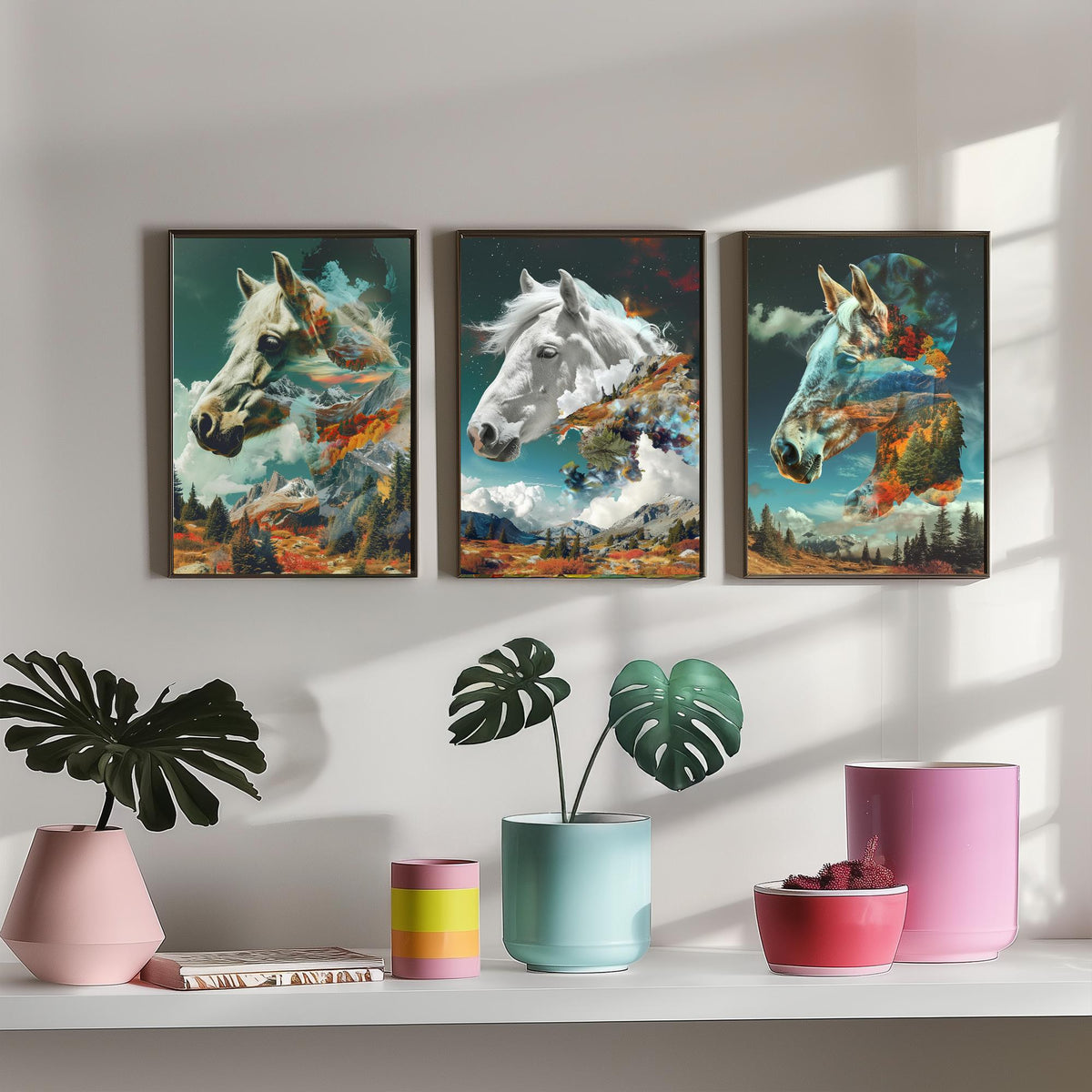 Horse Set of Three Art Prints - 3 Double Exposure Equine Posters - Surreal Mountain Cloud Nature Wall Art Gift Painting