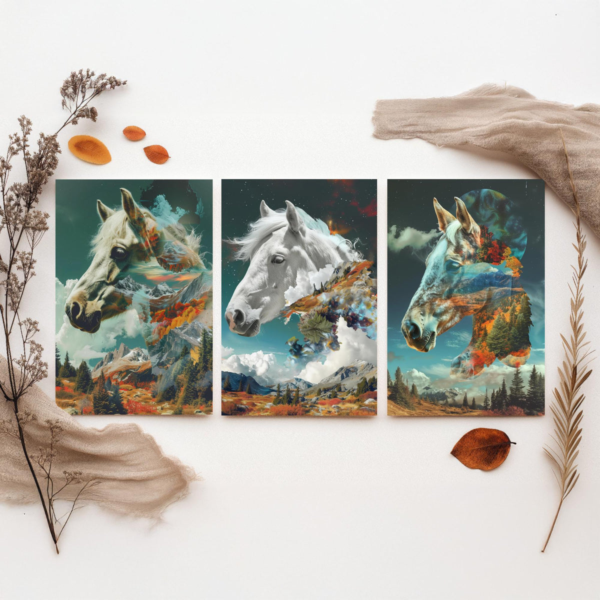 Horse Set of Three Art Prints - 3 Double Exposure Equine Posters - Surreal Mountain Cloud Nature Wall Art Gift Painting