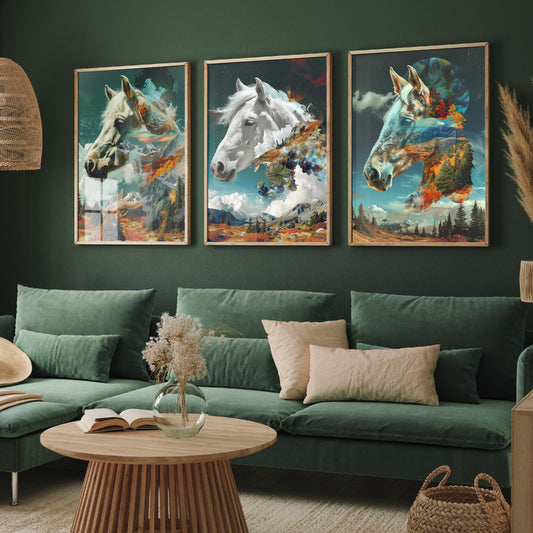 Horse Set of Three Art Prints - 3 Double Exposure Equine Posters - Surreal Mountain Cloud Nature Wall Art Gift Painting