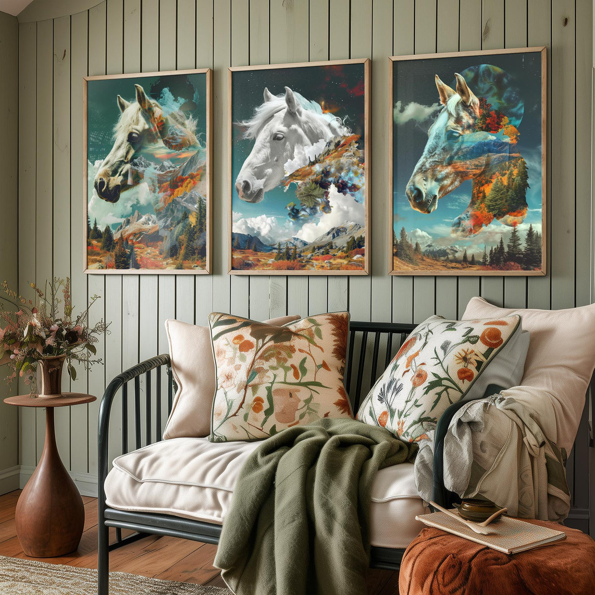 Horse Set of Three Art Prints - 3 Double Exposure Equine Posters - Surreal Mountain Cloud Nature Wall Art Gift Painting