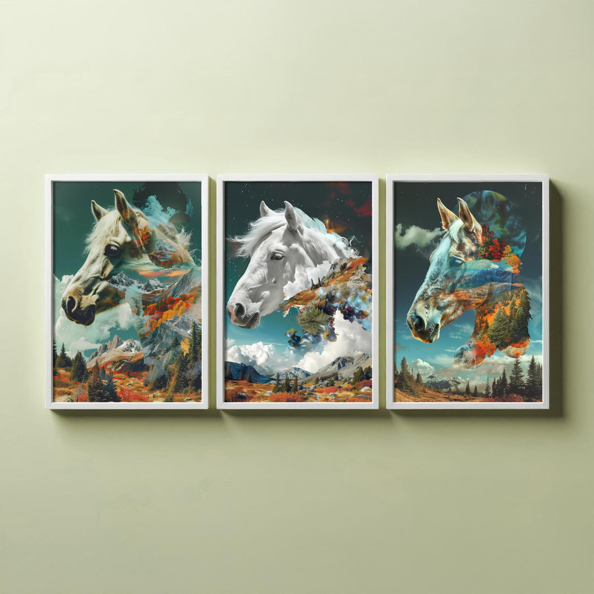 Horse Set of Three Art Prints - 3 Double Exposure Equine Posters - Surreal Mountain Cloud Nature Wall Art Gift Painting
