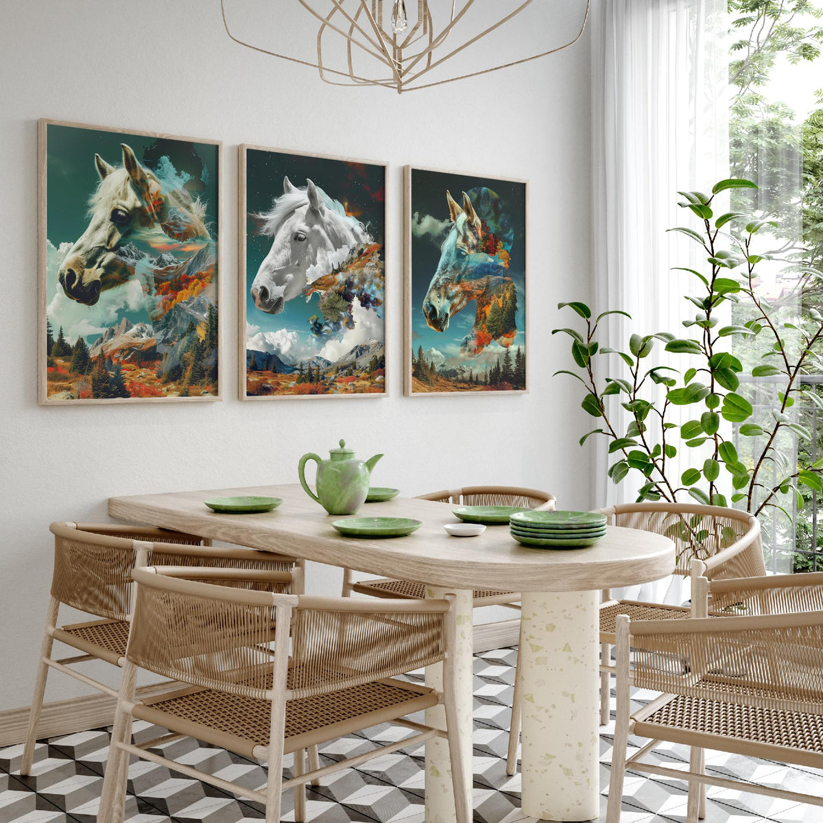 Horse Set of Three Art Prints - 3 Double Exposure Equine Posters - Surreal Mountain Cloud Nature Wall Art Gift Painting