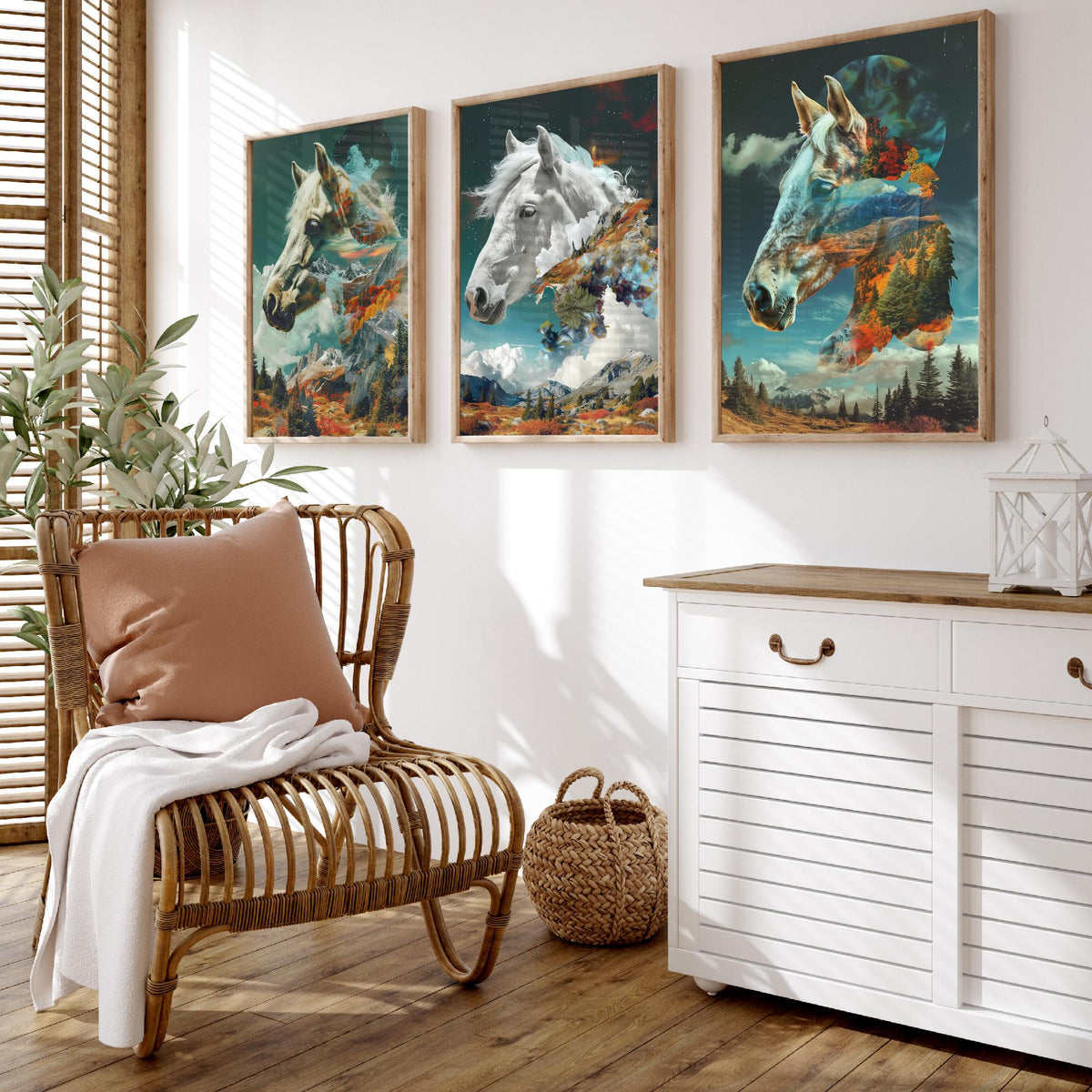 Horse Set of Three Art Prints - 3 Double Exposure Equine Posters - Surreal Mountain Cloud Nature Wall Art Gift Painting