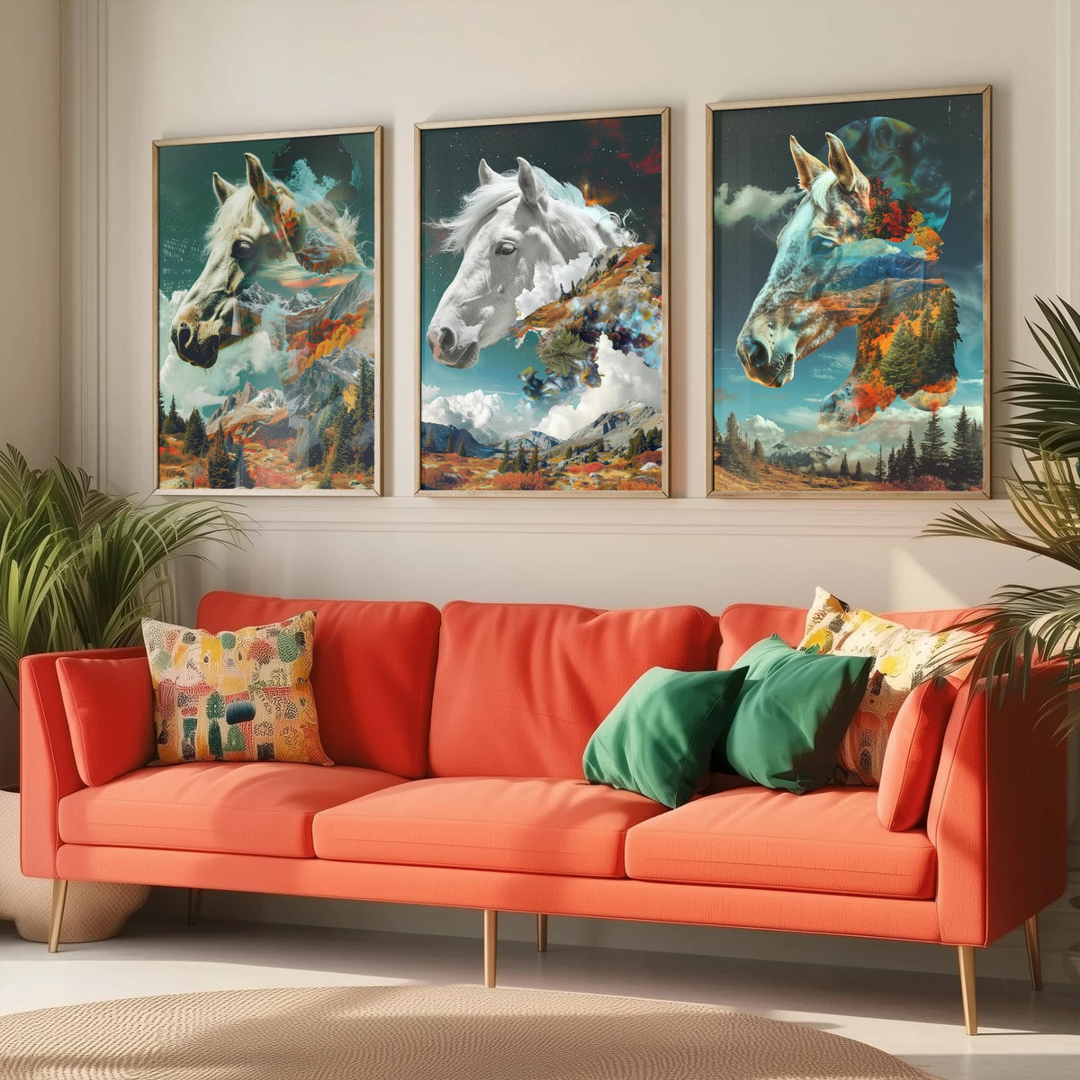 Horse Set of Three Art Prints - 3 Double Exposure Equine Posters - Surreal Mountain Cloud Nature Wall Art Gift Painting